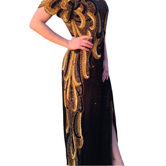 Vintage Riva Designs beaded and sequins black and gold dress SZ 1X. I-6 - Picture 1 of 13